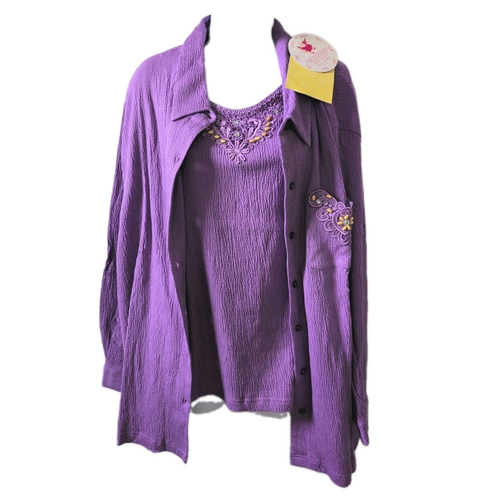 Quacker Factory 2-Pc Twin Set Purple Button Front Shirt & Matching Tank 2X New